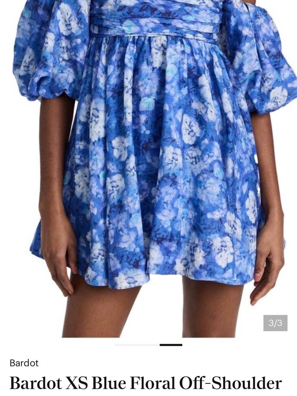 Bardot Blue Floral Off-Shoulder Mini Dress with Puff Sleeves